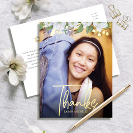 Bat Mitzvah Dankjewel Foto Bloemstuk Krachtig Echt Folie Uitnodiging Briefkaart