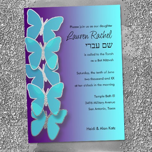 Bat Mitzvah Dimensional Butterfly Turquoise Paars Kaart