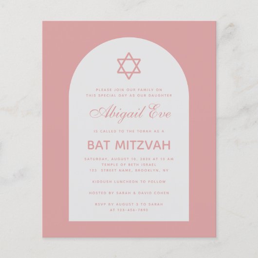 Bat Mitzvah Dusty Roos Arch Budget Pink Uitnodigin (Voorkant)