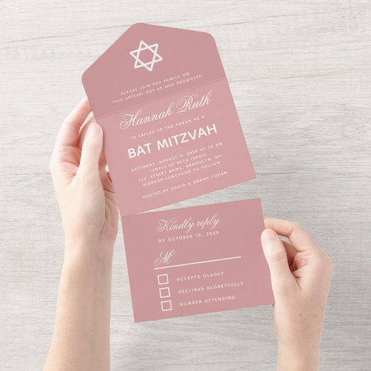 Bat Mitzvah Dusty Roos Pink Simple Calligraphy All In One Uitnodiging (Afscheurbaar)