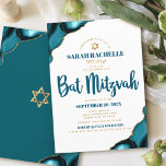 Bat Mitzvah Eenvoudig Modern Turquoise Agaat Scrip Kaart<br><div class="desc">Wees trots, verheug je en laat deze mijlpaal van je favoriete Bat Mitzvah zien! Stuur deze coole, unieke, moderne, gepersonaliseerde Hebreeuwse naamuitnodiging voor een evenement om te onthouden. Donker blauwgroen blauw schrift typografie en faux gold Star of David overlay eenvoudige, schone witte achtergrond met turquoise blauw agaat geaccentueerd met faux...</div>