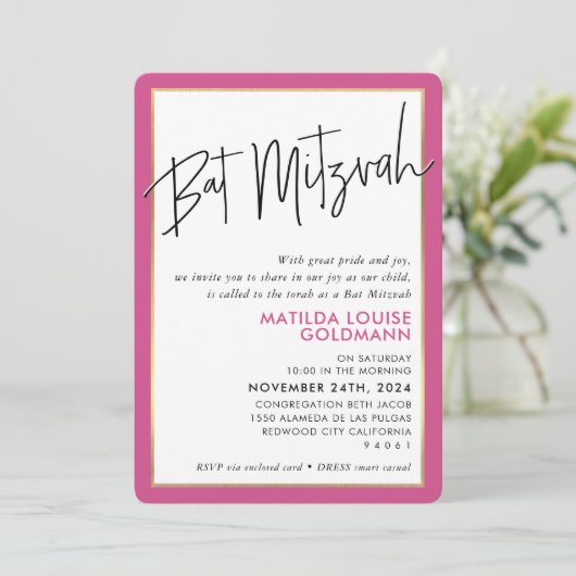 BAT MITZVAH eenvoudige minimalistische moderne roz Kaart (Staand voorkant)