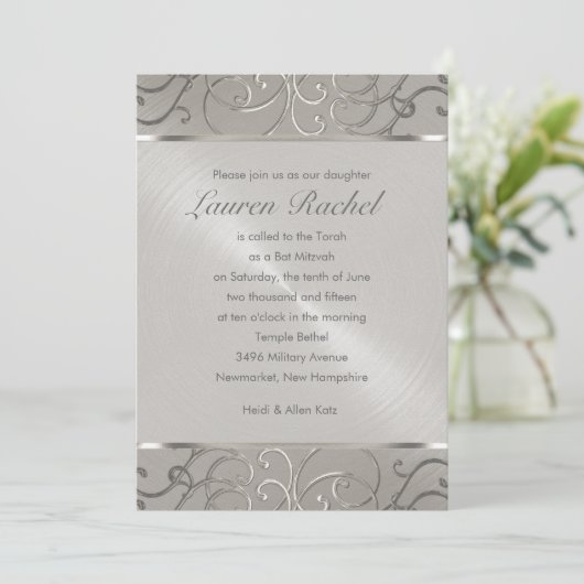 Bat Mitzvah Elegant All Silver Filigree Swirls Kaart (Staand voorkant)