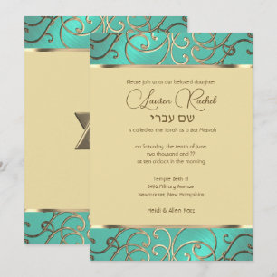 Bat Mitzvah Elegant Aqua Green Gold Filigree Kaart