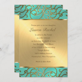 Bat Mitzvah Elegant Aqua Green Gold Filigree Kaart