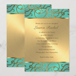 Bat Mitzvah Elegant Aqua Green Gold Filigree Kaart