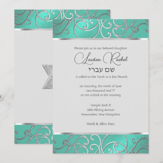 Bat Mitzvah Elegant Aqua Green Silver Filigree Kaart (Voorkant / Achterkant)