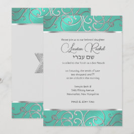 Bat Mitzvah Elegant Aqua Green Silver Filigree Kaart