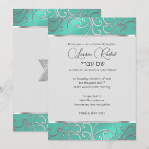 Bat Mitzvah Elegant Aqua Green Silver Filigree Kaart