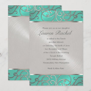 Bat Mitzvah Elegant Aqua Green Silver Filigree Kaart