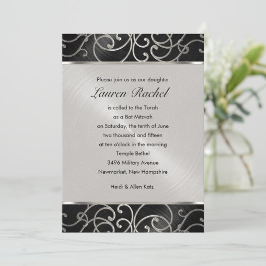 Bat Mitzvah Elegant Black en Silver Filigree Kaart (Staand voorkant)