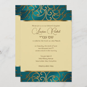 Bat Mitzvah Elegant Blauwgroen Blue en Gold Filigr Kaart