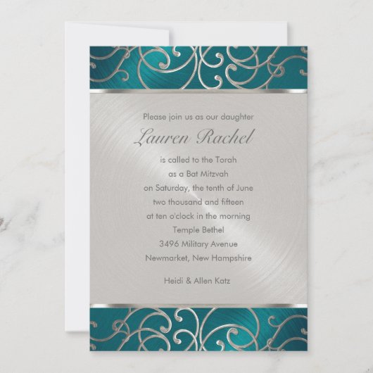 Bat Mitzvah Elegant Blauwgroen Blue en Silver Fili Kaart (Voorkant)