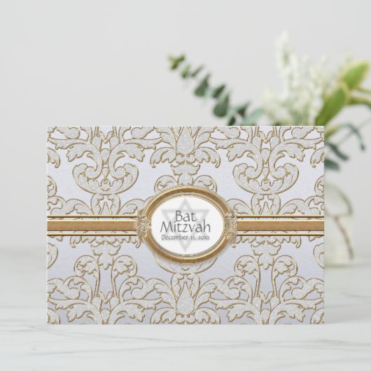 Bat Mitzvah - Elegant Bloemenblad Damast Barok Kaart (Staand voorkant)
