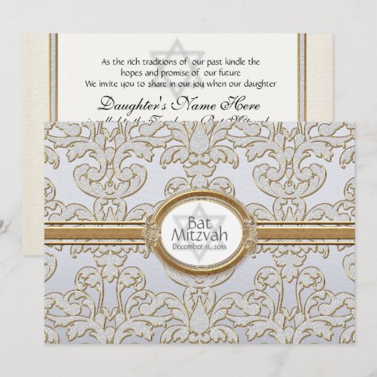 Bat Mitzvah - Elegant Bloemenblad Damast Barok Kaart (Voorkant / Achterkant)
