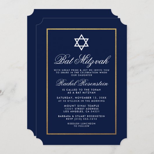 Bat Mitzvah Elegant Blue and Gold Invitation Kaart (Voorkant / Achterkant)