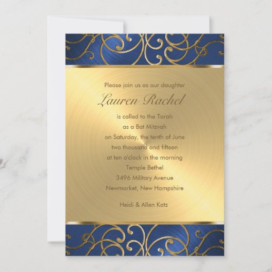 Bat Mitzvah Elegant Blue en Gold Filigree Kaart (Voorkant)