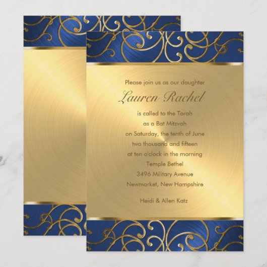 Bat Mitzvah Elegant Blue en Gold Filigree Kaart (Voorkant / Achterkant)