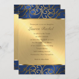 Bat Mitzvah Elegant Blue en Gold Filigree Kaart