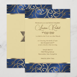 Bat Mitzvah Elegant Blue en Gold Filigree Kaart