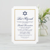 Bat Mitzvah Elegant Blue Gold Invitation Kaart (Staand voorkant)