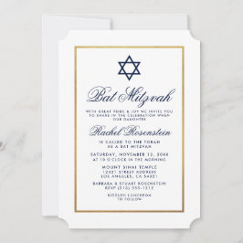 Bat Mitzvah Elegant Blue Gold Invitation Kaart