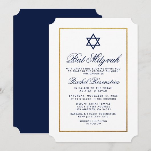 Bat Mitzvah Elegant Blue Gold Invitation Kaart (Voorkant / Achterkant)