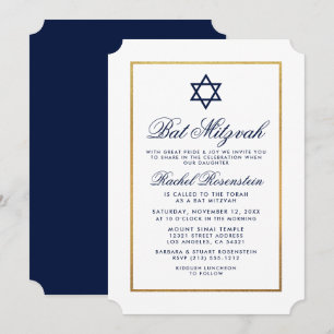 Bat Mitzvah Elegant Blue Gold Invitation Kaart