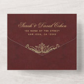 Bat Mitzvah  Elegant Burgundy Gold Script All In One Uitnodiging (Achterkant)