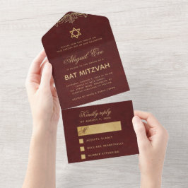 Bat Mitzvah  Elegant Burgundy Gold Script All In One Uitnodiging