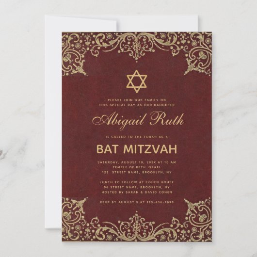 Bat Mitzvah  Elegant Burgundy Red Star Kaart (Voorkant)