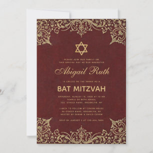Bat Mitzvah  Elegant Burgundy Red Star Kaart