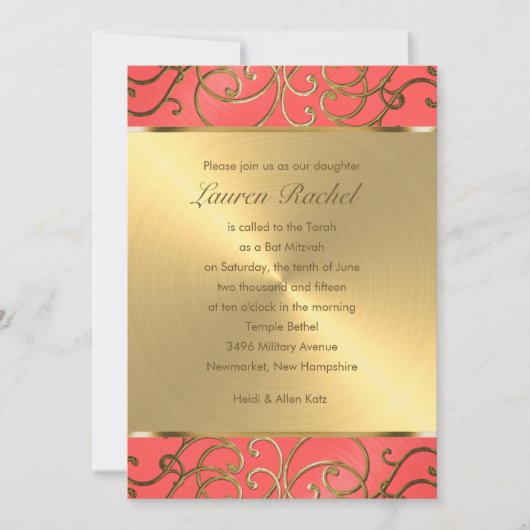 Bat Mitzvah Elegant Coral and Gold Filigree Kaart (Voorkant)