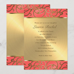 Bat Mitzvah Elegant Coral and Gold Filigree Kaart