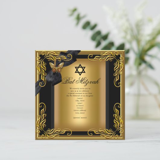 Bat Mitzvah Elegant Gold Black Butterfly Kaart (Staand voorkant)