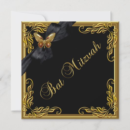 Bat Mitzvah Elegant Gold Black Butterfly Kaart (Achterkant)
