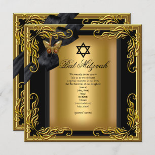 Bat Mitzvah Elegant Gold Black Butterfly Kaart