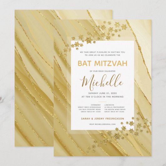 Bat Mitzvah Elegant Gold Glitter Uitnodiging (Voorkant / Achterkant)