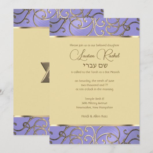 Bat Mitzvah Elegant Lavender Paars Gold Filigree Kaart (Voorkant / Achterkant)