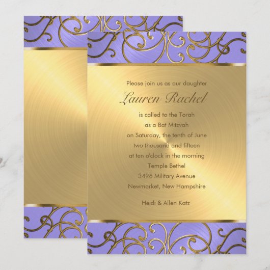 Bat Mitzvah Elegant Lavender Paars Gold Filigree Kaart (Voorkant / Achterkant)