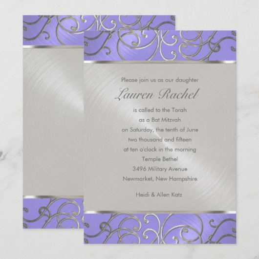 Bat Mitzvah Elegant Lavender Paarse Silver Filigre Kaart (Voorkant / Achterkant)