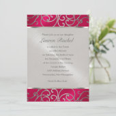 Bat Mitzvah Elegant Magenta Pink Silver Filigree Kaart (Staand voorkant)