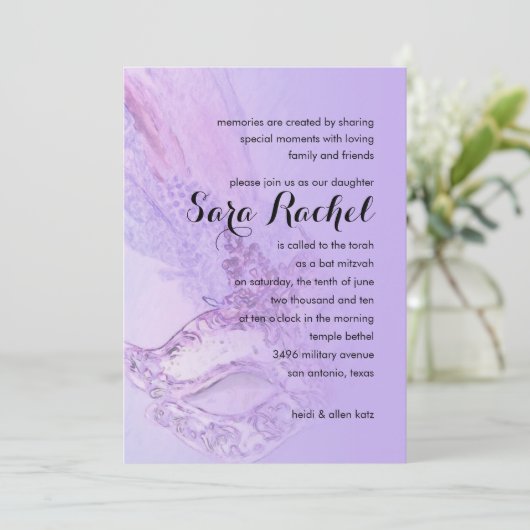 Bat Mitzvah Elegant Masquerade Paars en Roze Kaart (Staand voorkant)