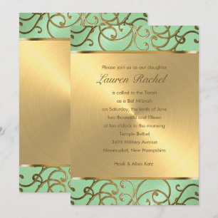 Bat Mitzvah Elegant Mint Green Gold Filigree Kaart