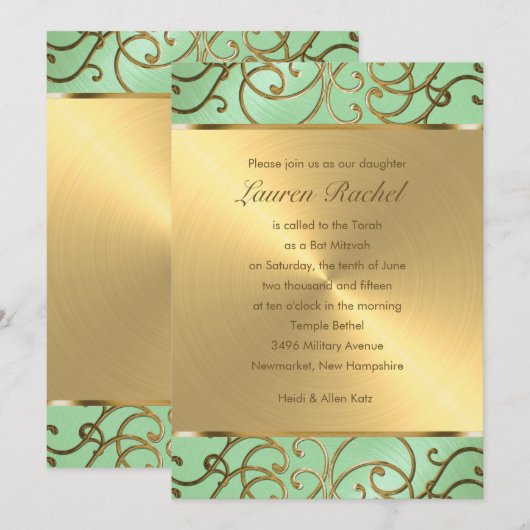 Bat Mitzvah Elegant Mint Green Gold Filigree Kaart (Voorkant / Achterkant)
