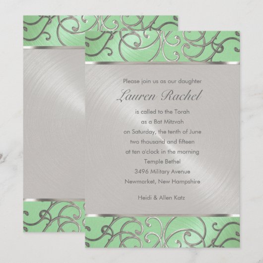 Bat Mitzvah Elegant Mint Green Silver Filigree Kaart (Voorkant / Achterkant)