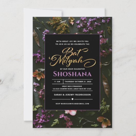 Bat Mitzvah Elegant Modern Boho Floral Script Kaart (Voorkant)