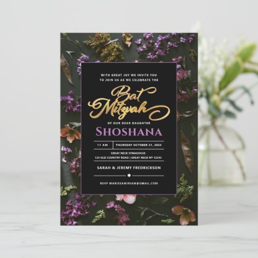 Bat Mitzvah Elegant Modern Boho Floral Script Kaart (Staand voorkant)