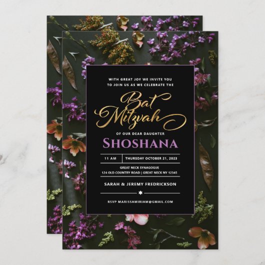 Bat Mitzvah Elegant Modern Boho Floral Script Kaart (Voorkant / Achterkant)