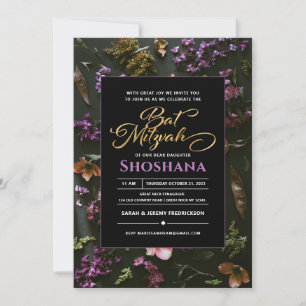 Bat Mitzvah Elegant Modern Boho Floral Script Kaart